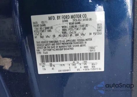 2011 Ford F150 z USA, uszkodzony, nr VIN 1FTMF1CMXBFB04760